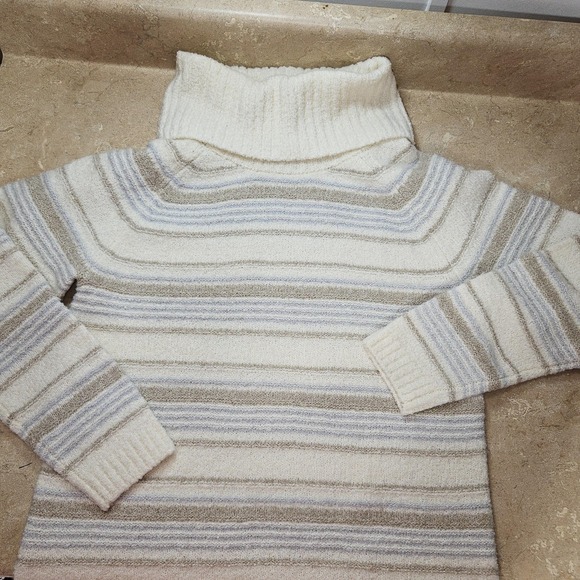 LL Bean Sweater Women M Cream Stripe Cowl Turtleneck Wool Blend Cozy Cabincore - Picture 6 of 11